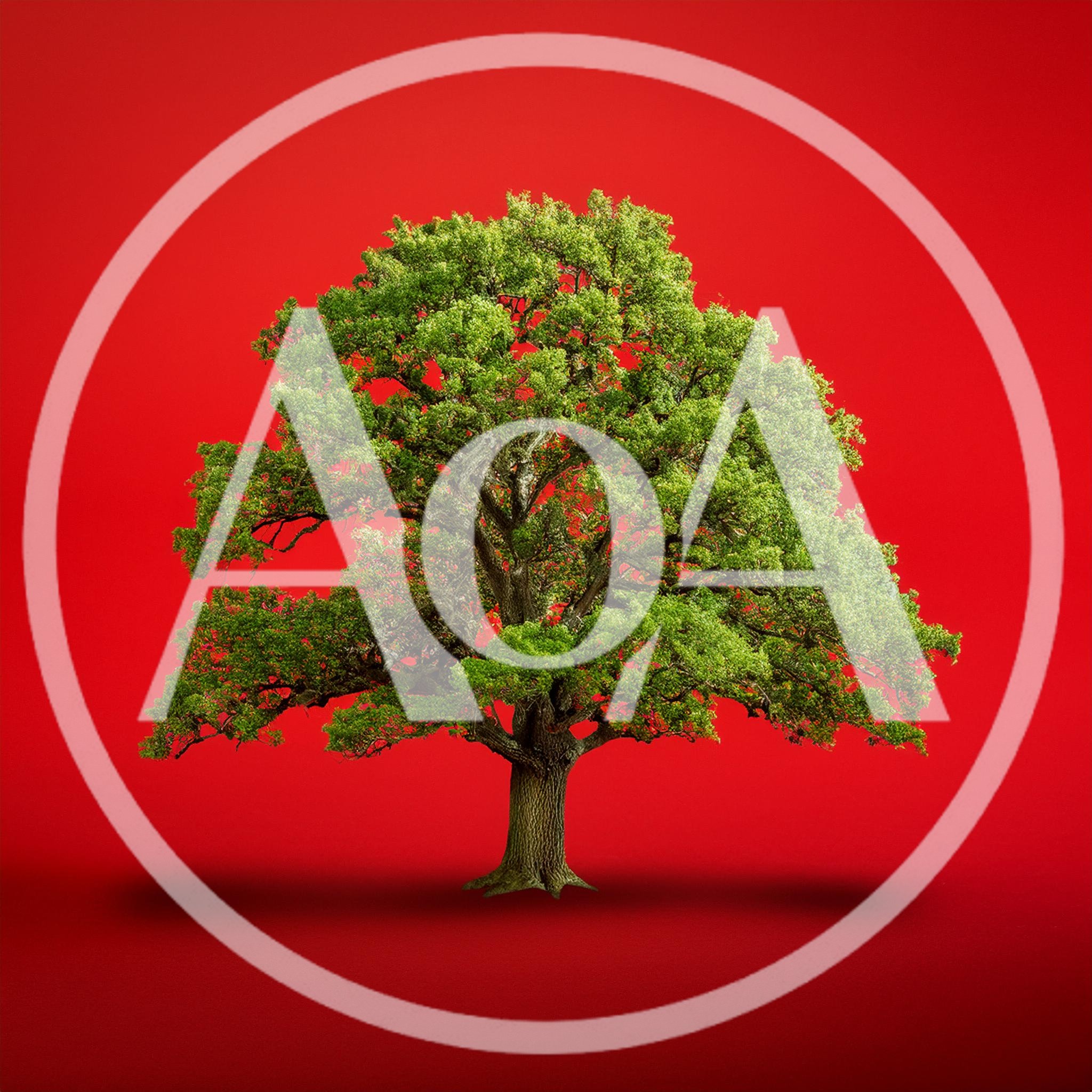 Large Oak Tree Isolated On Solid Red Background