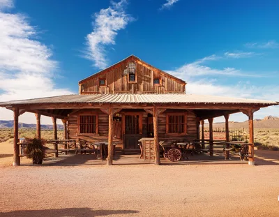 Rustic Wooden Western Saloon Building In Desert Landscape