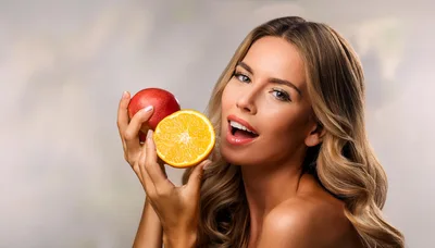 Beautiful Woman Holding Fresh Apple And Orange Slice