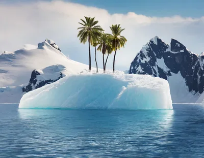 Surreal Tropical Palm Trees Growing On An Antarctic Iceberg