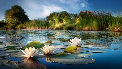 White Water Lilies Blooming On A Calm Pond