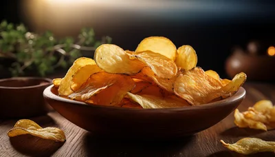 Crispy Potato Chips In A Wooden Bowl