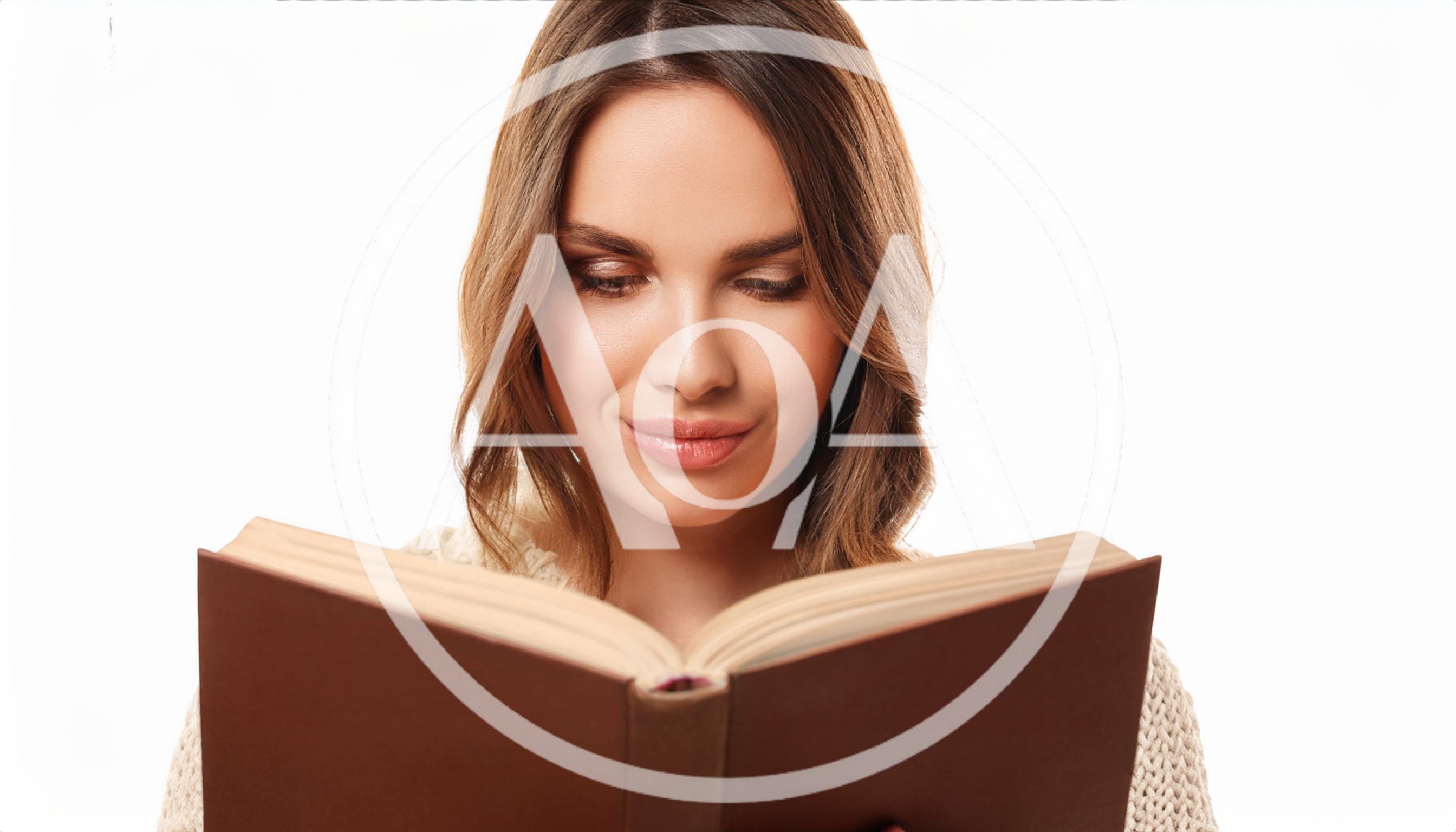 Young Woman Reading A Book Against White Background