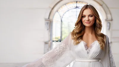 Elegant Woman In White Lace Bridal Robe