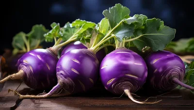 Fresh Purple Turnips With Green Leaves On Wooden Table