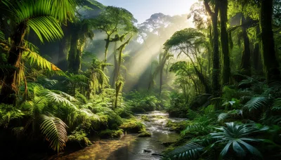 Sunlight Streaming Through Lush Tropical Rainforest Canopy