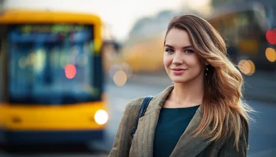 Young Woman Standing At A City Bus Stop