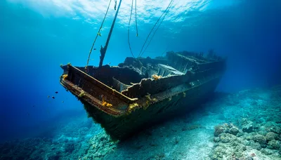 Sunken Shipwreck Resting On The Ocean Floor