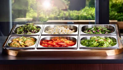 Salad Bar Buffet Display With Fresh Vegetables
