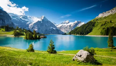 Oeschinen Lake With Alpine Mountains In Switzerland