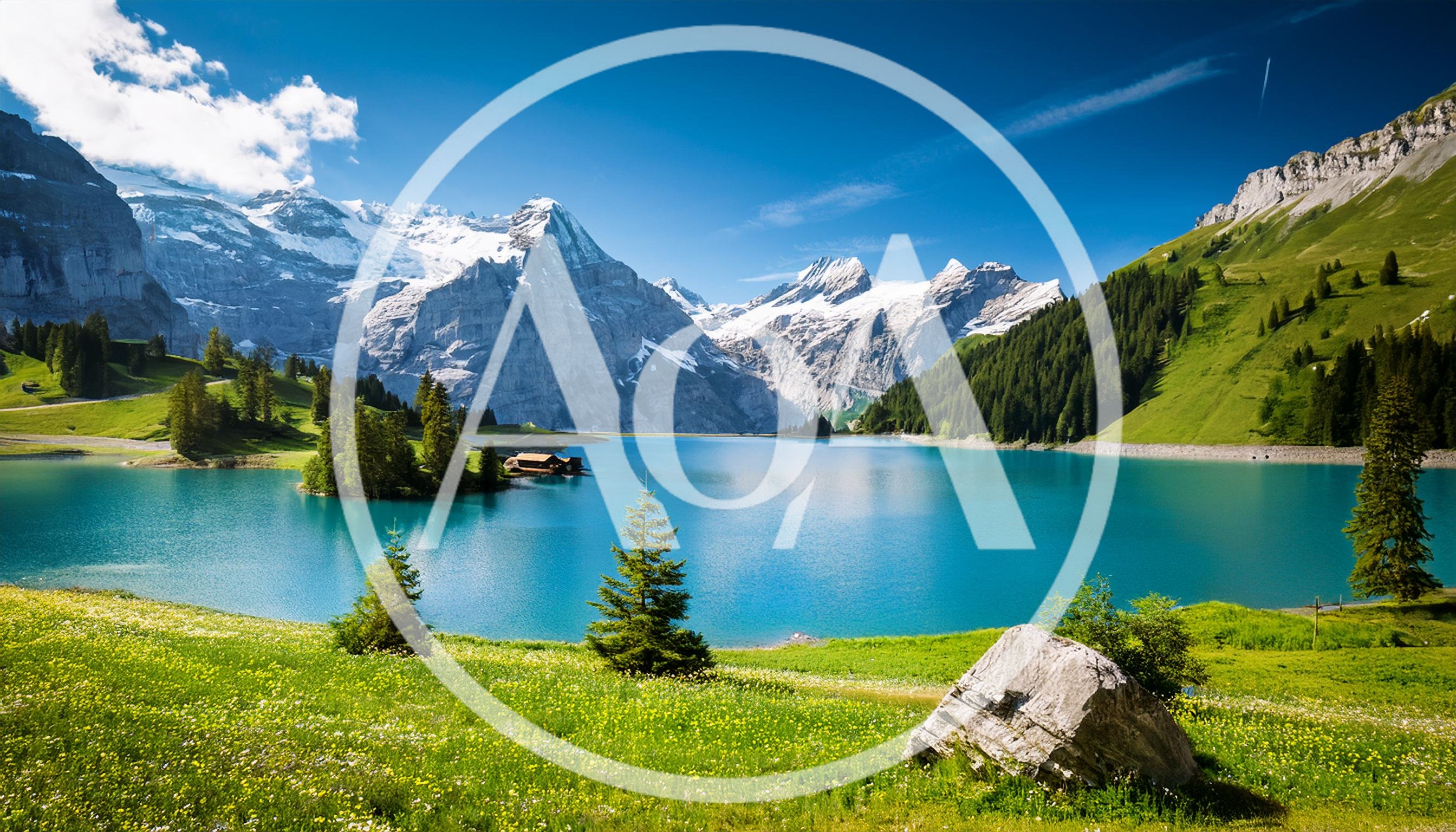 Oeschinen Lake With Alpine Mountains In Switzerland