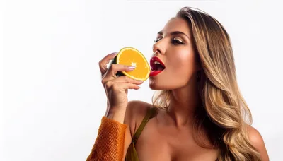 Beautiful Woman Holding A Fresh Orange Slice