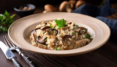 Mushroom Risotto Served In A Rustic Ceramic Bowl