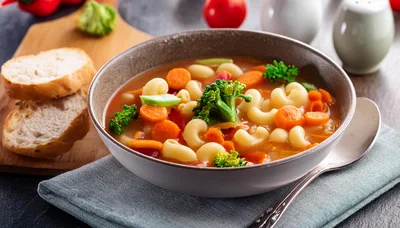 Bowl Of Vegetable Pasta Soup With Bread