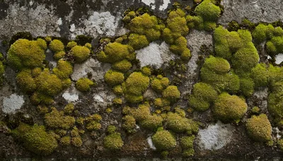 Green Moss Growing On Weathered Stone Wall