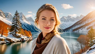 Portrait Of A Blonde Woman By A Snowy Lake