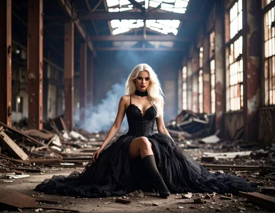 Gothic Woman In Black Dress Sitting In Abandoned Factory