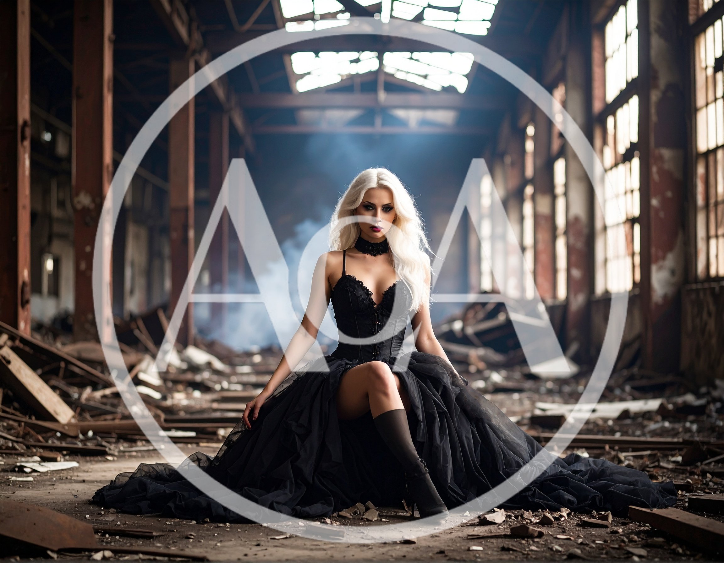 Gothic Woman In Black Dress Sitting In Abandoned Factory