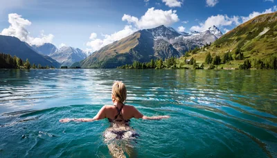 Woman Swimming In A Crystal Clear Alpine Lake