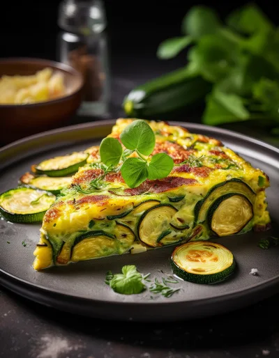 Slice Of Zucchini Frittata On A Dark Plate
