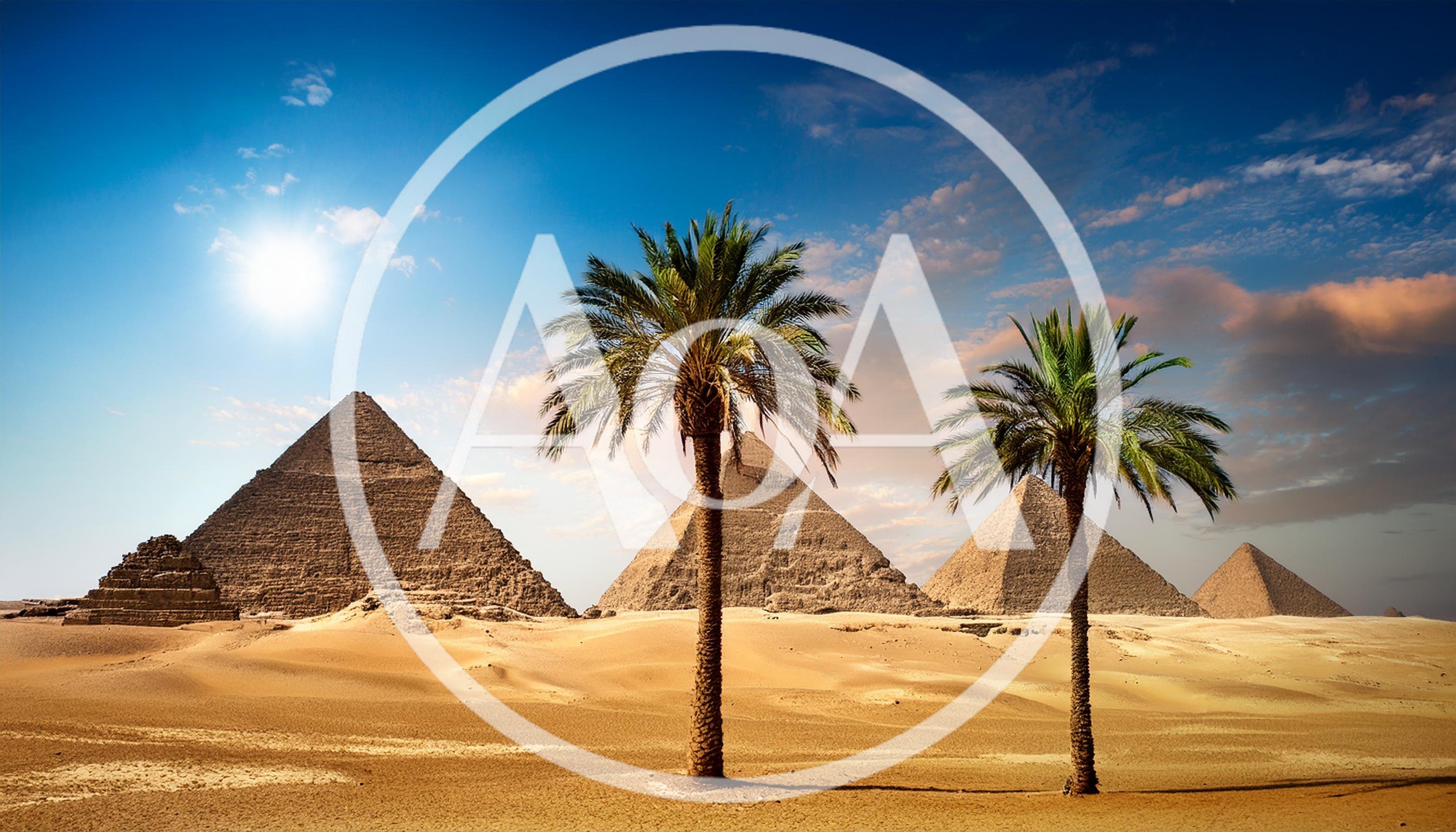 Giza Pyramids Landscape With Palm Trees At Sunset
