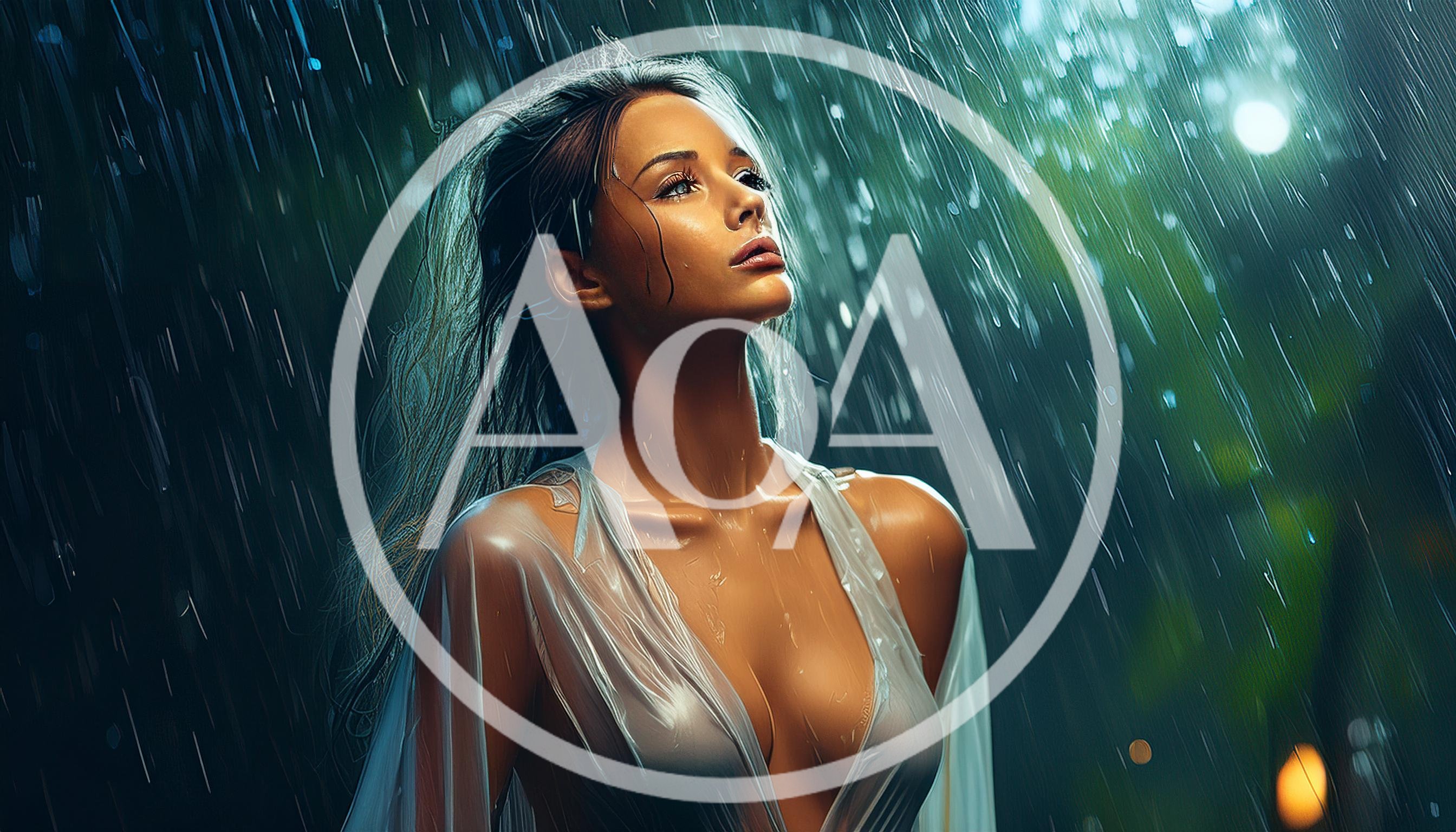 Woman Standing In Heavy Rain At Night