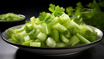 Fresh Chopped Celery Stalks in a White Bowl