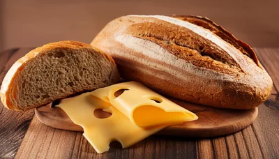 Fresh Bread Loaf And Swiss Cheese Slices On Board