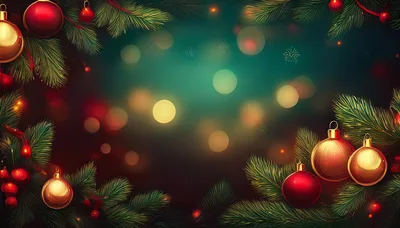 Christmas Ornament Border With Pine Branches And Bokeh