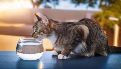 Tabby Cat Drinking Water From A Glass Bowl