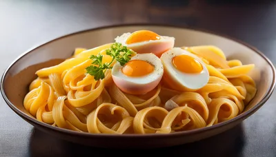 Bowl Of Fettuccine Pasta With Soft Boiled Eggs