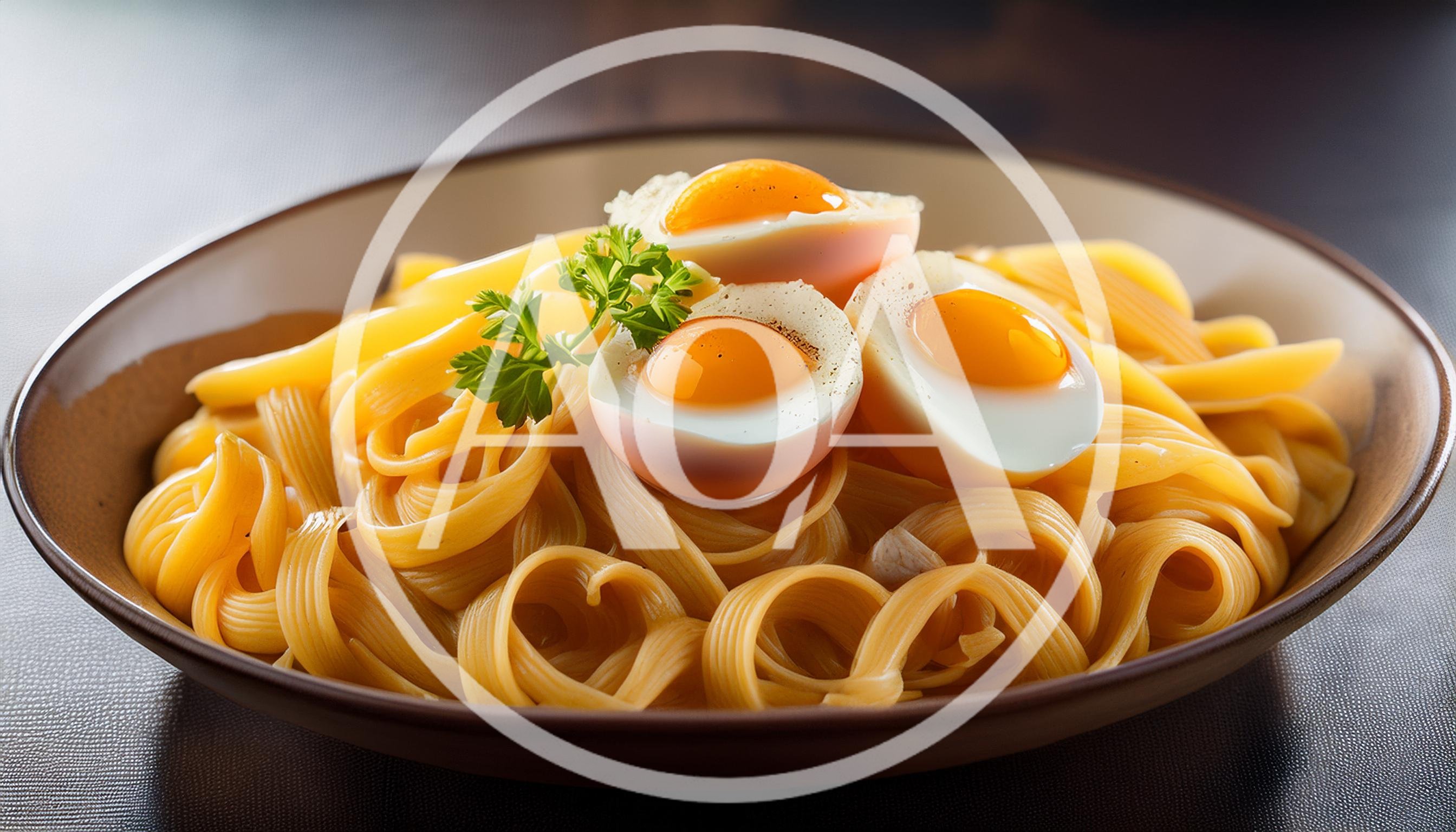 Bowl Of Fettuccine Pasta With Soft Boiled Eggs