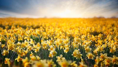 Vibrant Field Of Blooming Yellow Daffodils At Sunset