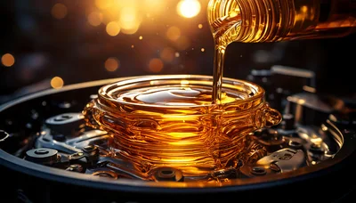 Golden Lubricating Oil Pouring Into Mechanical Engine Parts