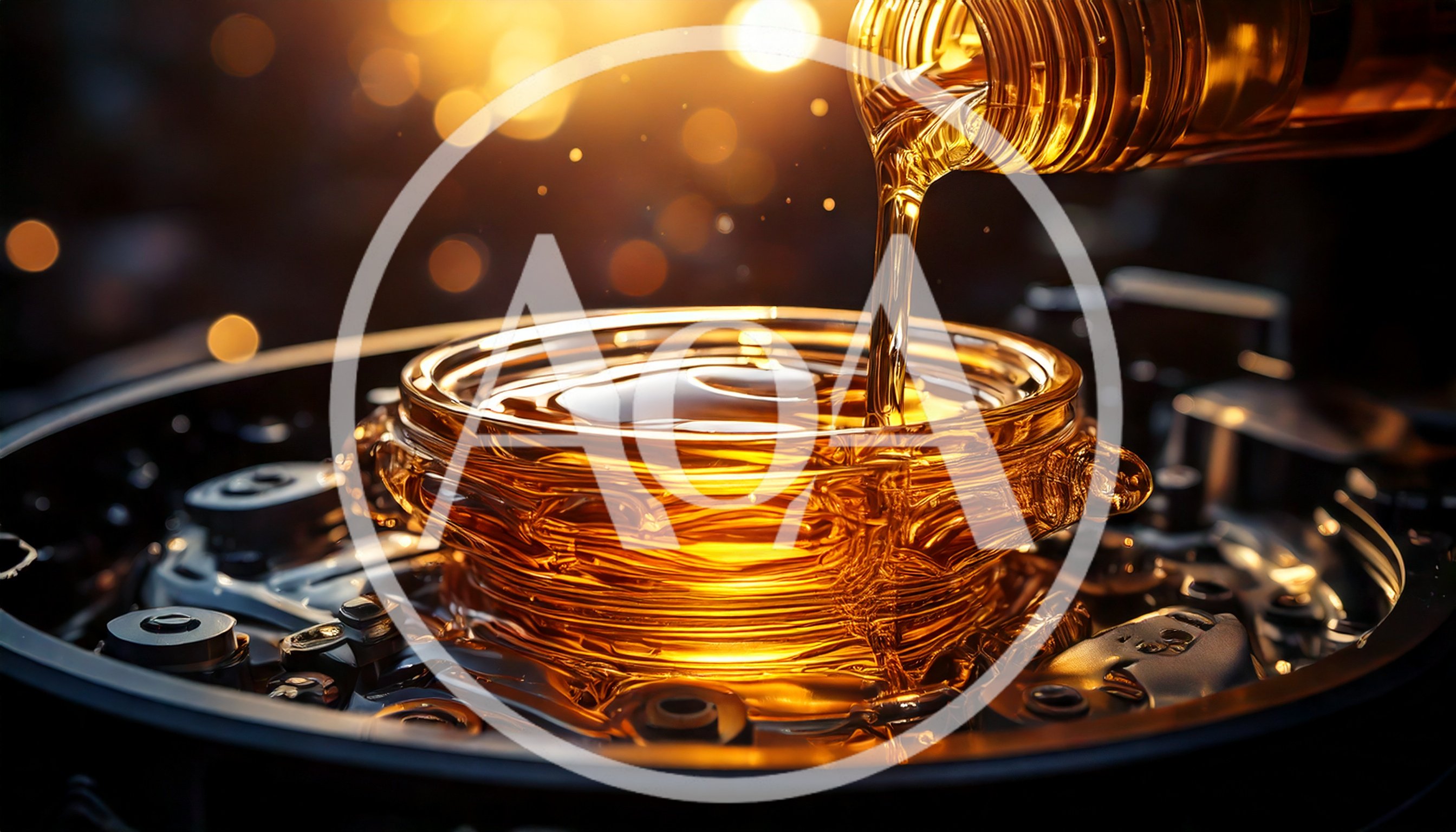 Golden Lubricating Oil Pouring Into Mechanical Engine Parts