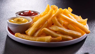 Golden French Fries With Ketchup And Mustard