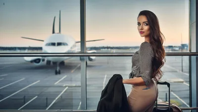 Elegant Woman Standing With Luggage At Airport Terminal