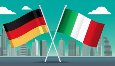 German and Italian Flags Waving Over City Skyline