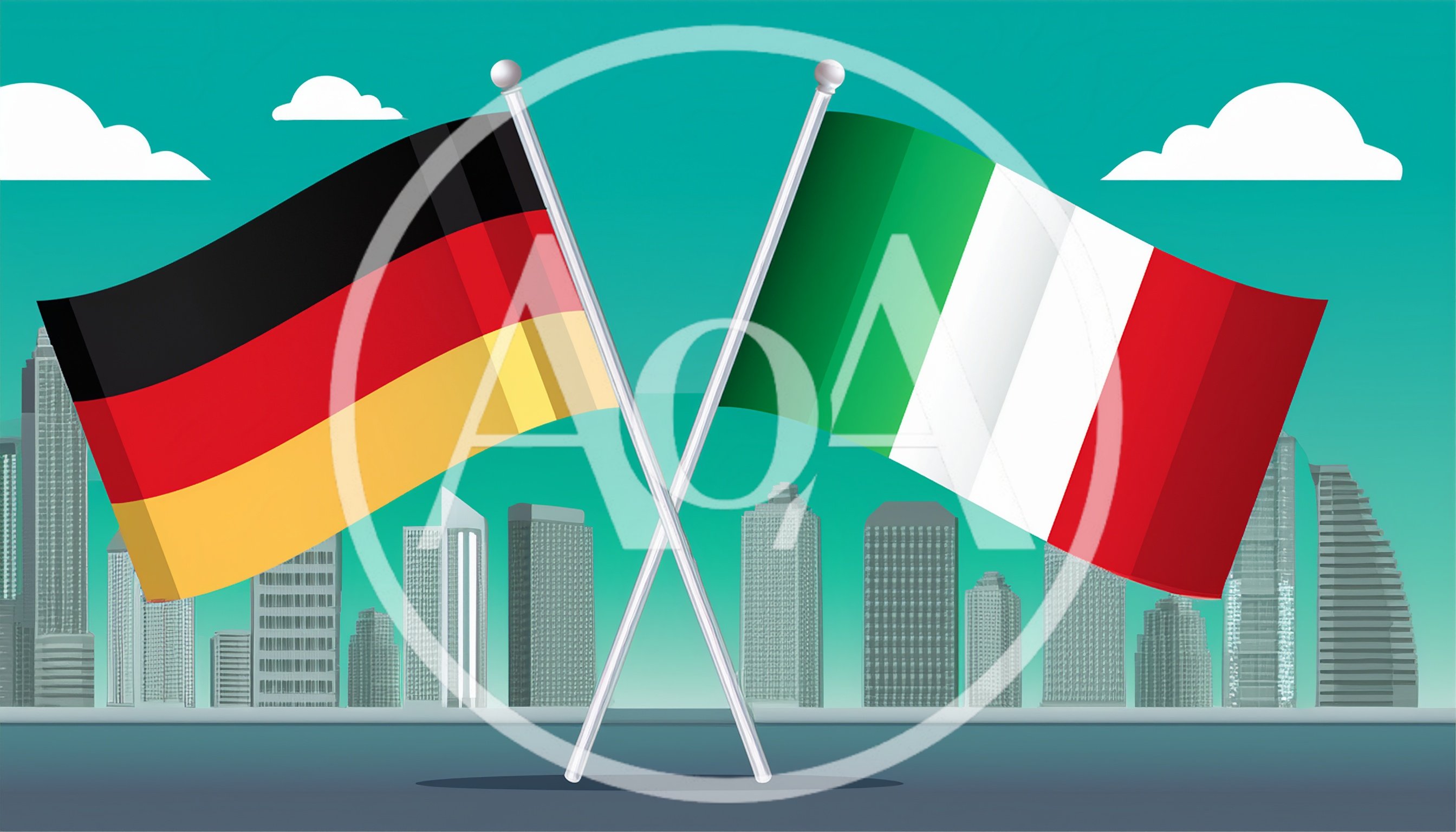 German and Italian Flags Waving Over City Skyline