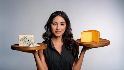 Woman Holding Wooden Platters With Different Types Of Cheese