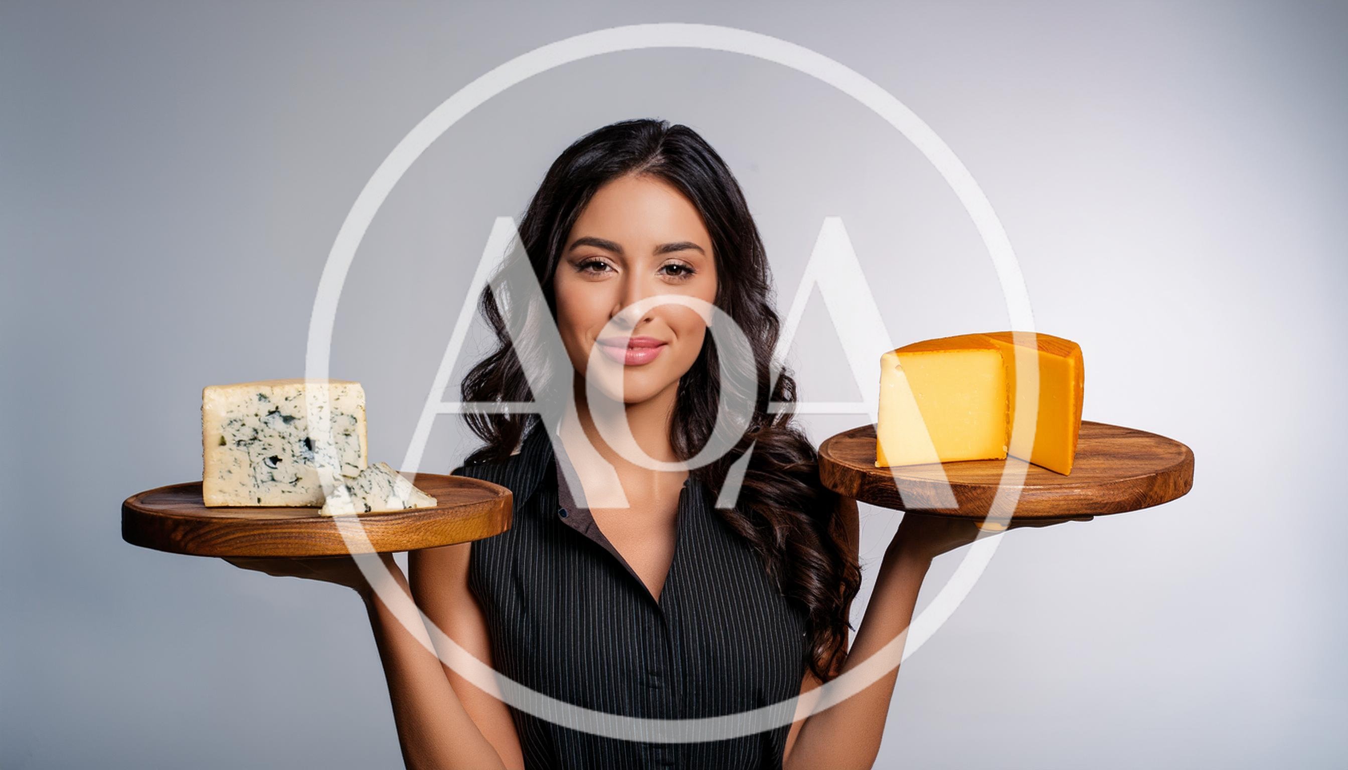 Woman Holding Wooden Platters With Different Types Of Cheese