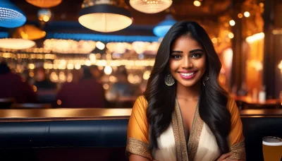 Smiling Woman Sitting at a Bar in Elegant Attire