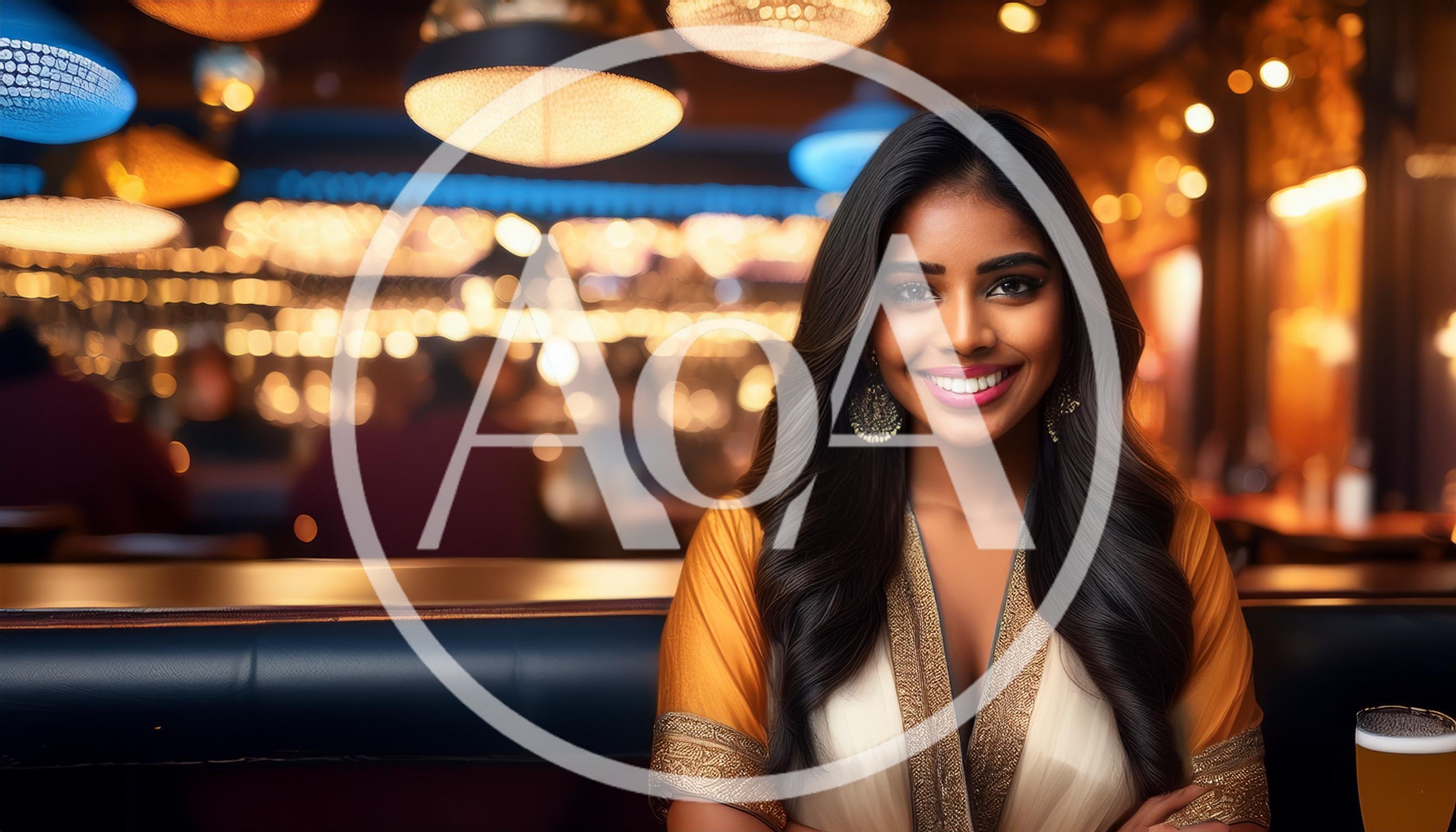 Smiling Woman Sitting at a Bar in Elegant Attire