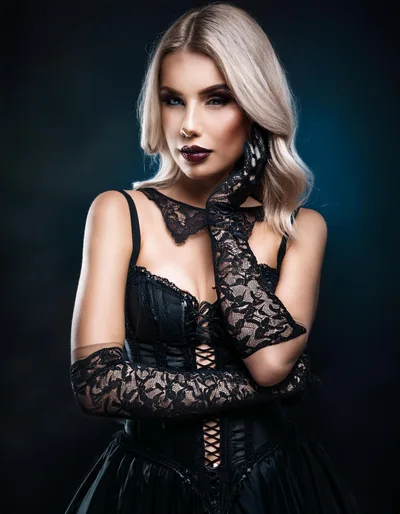Elegant Blonde Woman Wearing Black Lace Corset And Gloves