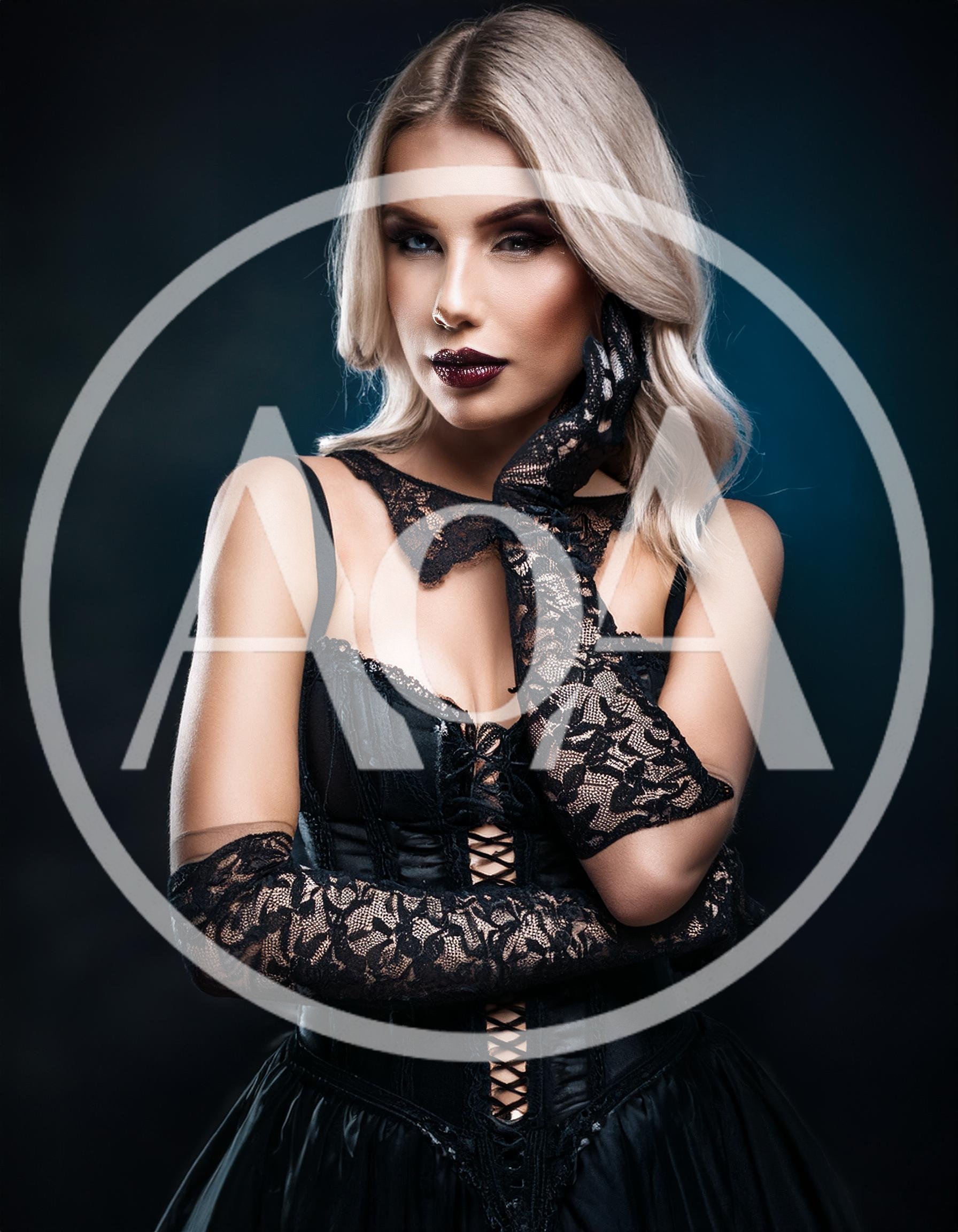 Elegant Blonde Woman Wearing Black Lace Corset And Gloves