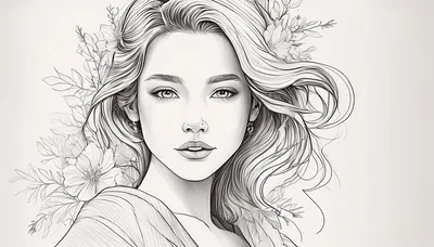 Elegant Woman Portrait With Floral Elements Line Art