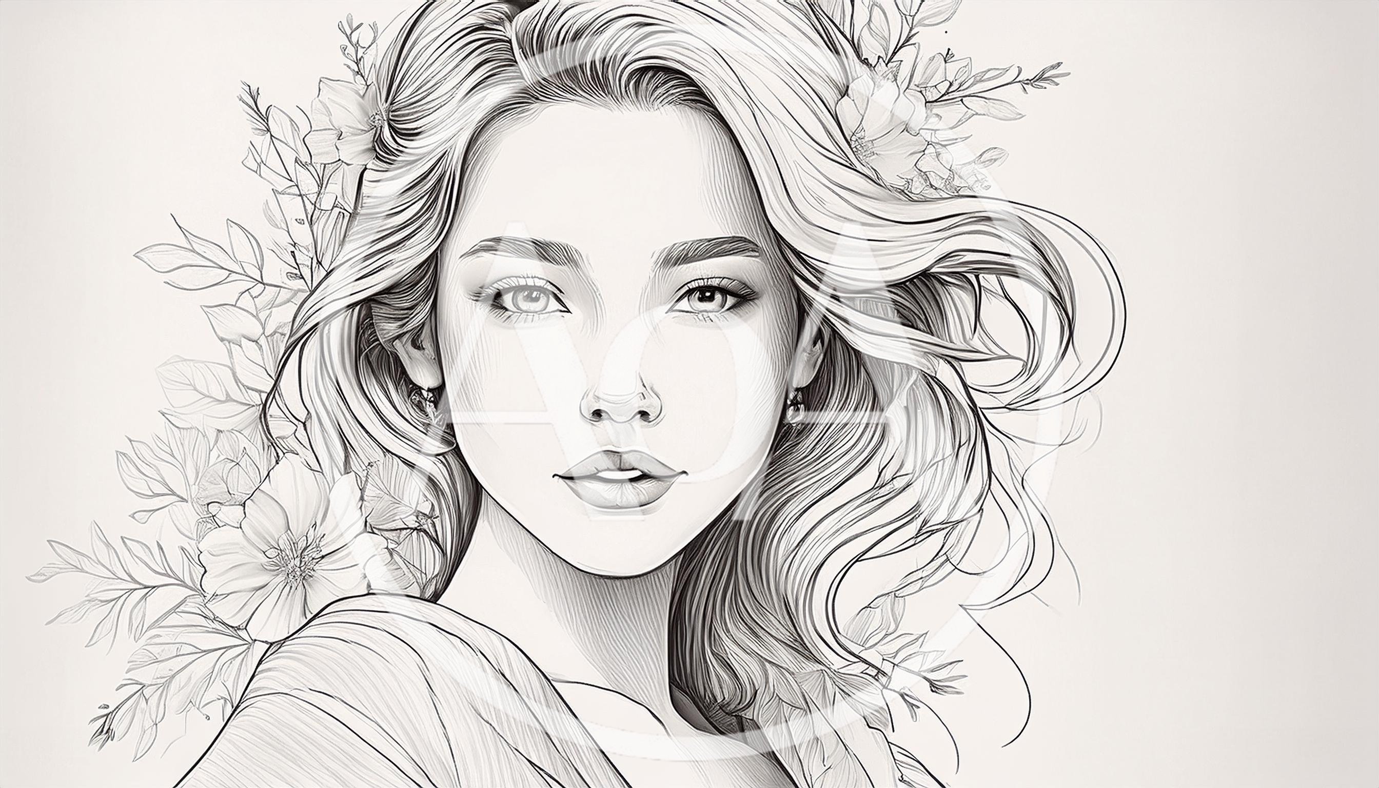 Elegant Woman Portrait With Floral Elements Line Art
