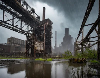 Abandoned Industrial Steel Mill Complex During Heavy Rain