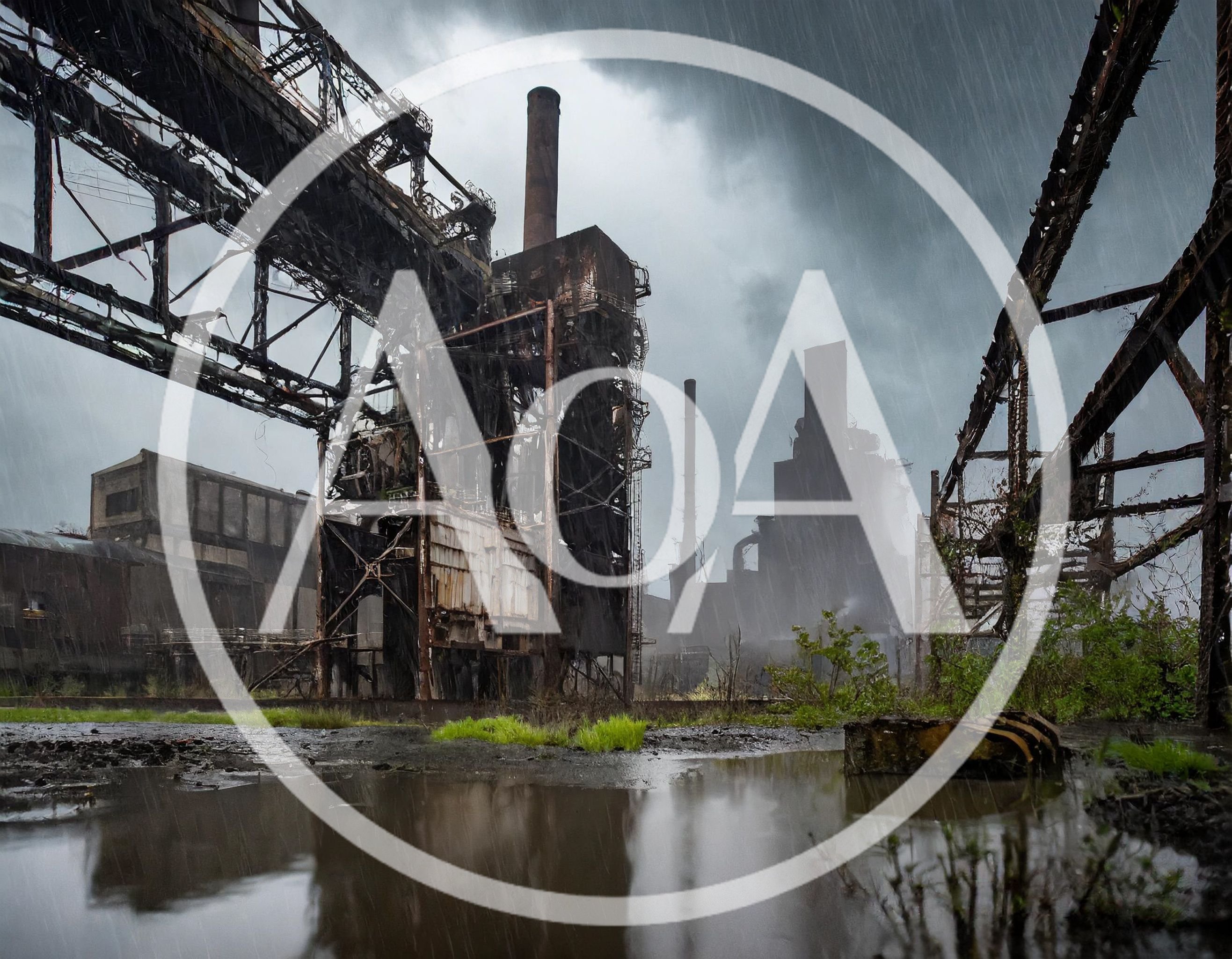 Abandoned Industrial Steel Mill Complex During Heavy Rain