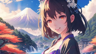 Anime Girl Portrait With Mount Fuji Background